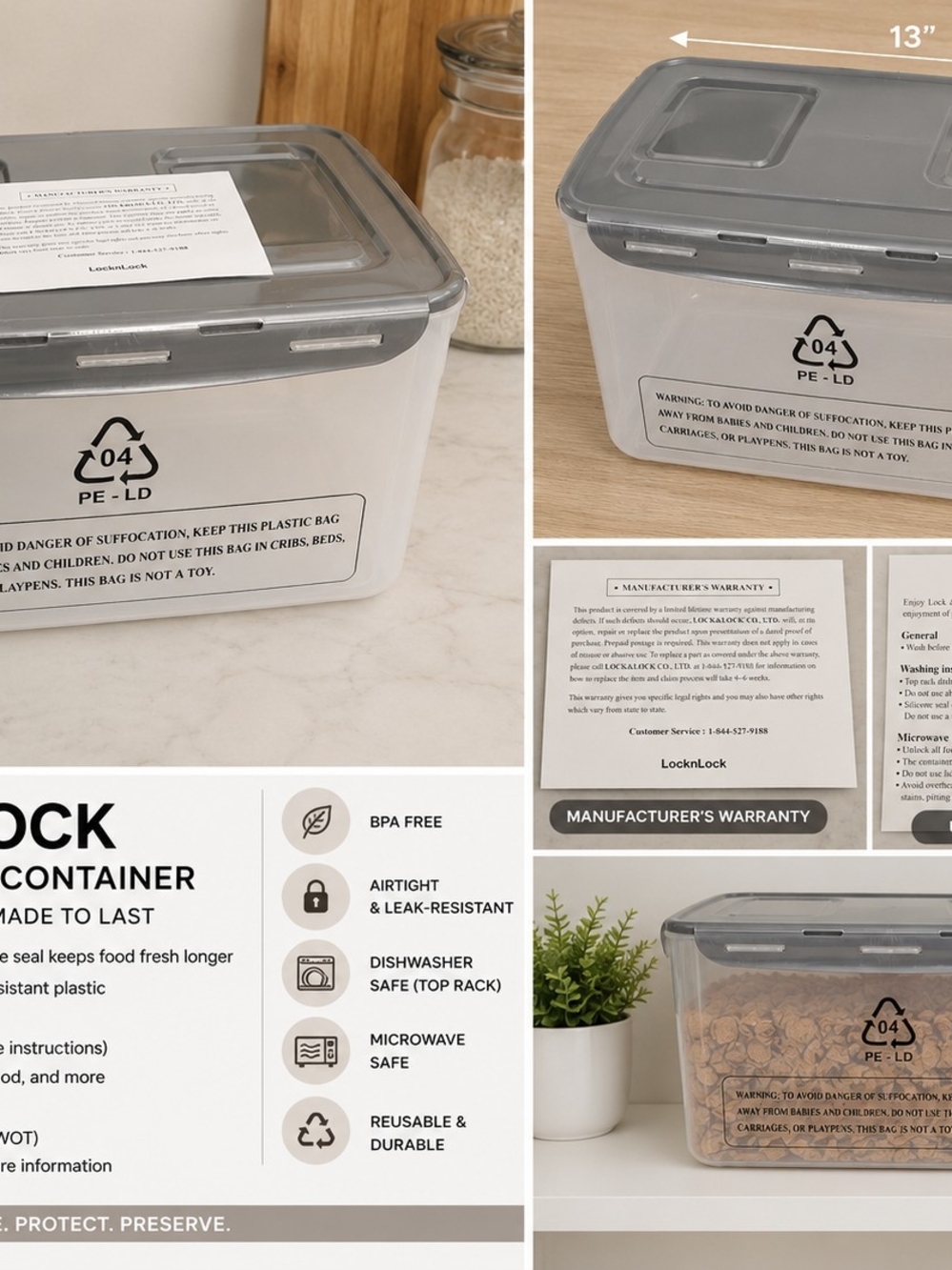 LocknLock Food Storage Container 13x8x10 Gray Airtight BPA-Free NWOT